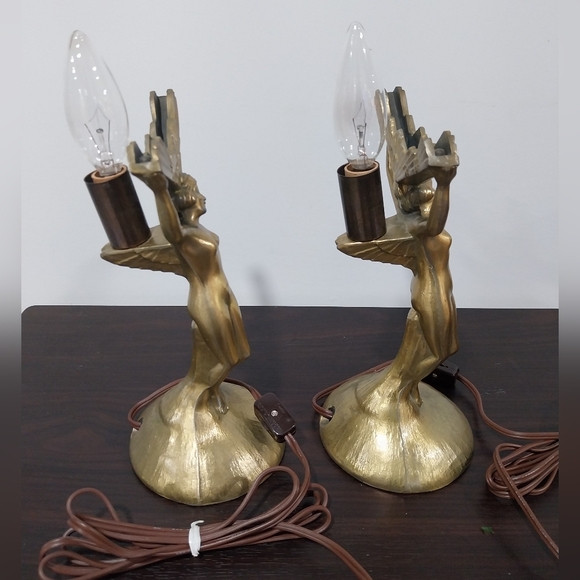 Art Deco Lady Sculpture Victory Metal Table Lamp Pair - Picture 3 of 11